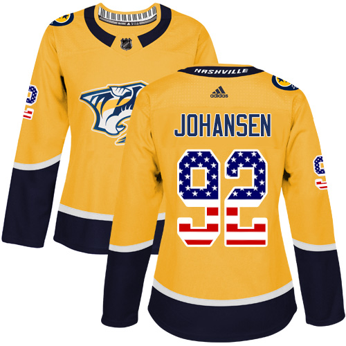 Women's Adidas Nashville Predators #92 Ryan Johansen Authentic Gold USA Flag Fashion NHL Jersey