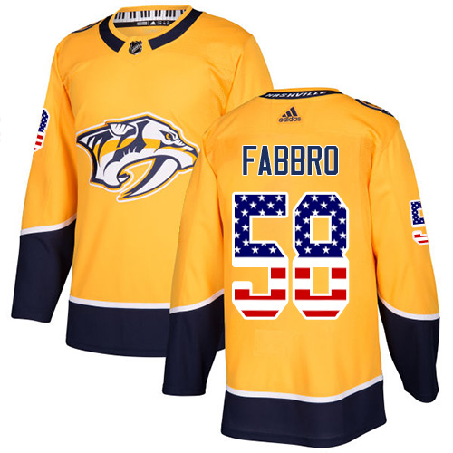 Men's Adidas Nashville Predators #58 Dante Fabbro Authentic Gold USA Flag Fashion NHL Jersey