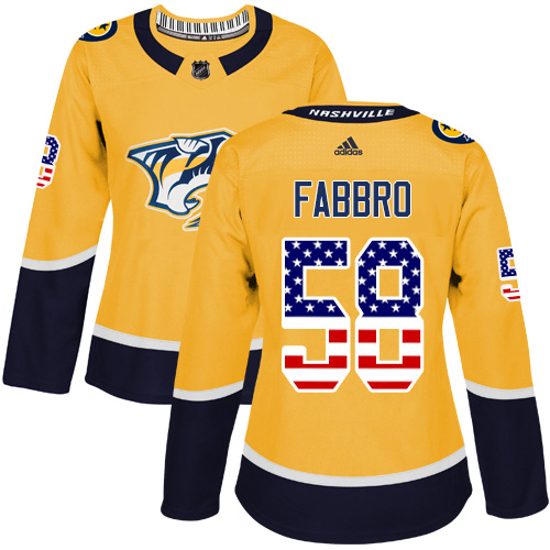 Women's Adidas Nashville Predators #58 Dante Fabbro Authentic Gold USA Flag Fashion NHL Jersey