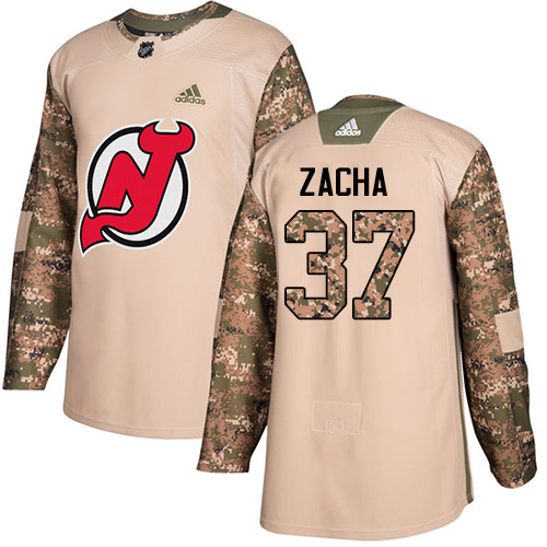 Men's Adidas New Jersey Devils #37 Pavel Zacha Authentic Camo Veterans Day Practice NHL Jersey