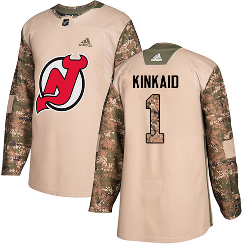 Men's Adidas New Jersey Devils #1 Keith Kinkaid Authentic Camo Veterans Day Practice NHL Jersey