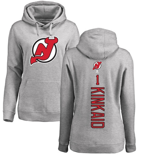 NHL Women's Adidas New Jersey Devils #1 Keith Kinkaid Ash Backer Pullover Hoodie