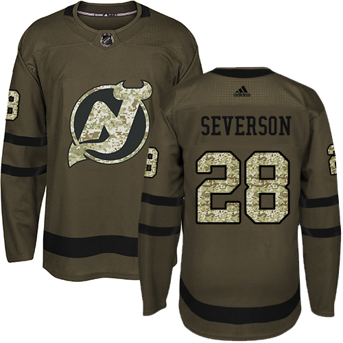 Men's Adidas New Jersey Devils #28 Damon Severson Authentic Green Salute to Service NHL Jersey