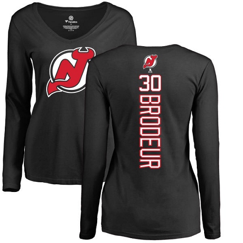 NHL Women's Adidas New Jersey Devils #30 Martin Brodeur Black Backer Long Sleeve T-Shirt