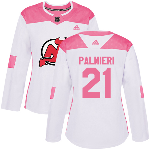 Women's Adidas New Jersey Devils #21 Kyle Palmieri Authentic White/Pink Fashion NHL Jersey