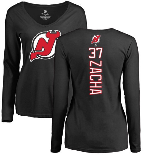 NHL Women's Adidas New Jersey Devils #37 Pavel Zacha Black Backer Long Sleeve T-Shirt