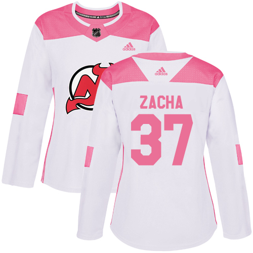 Women's Adidas New Jersey Devils #37 Pavel Zacha Authentic White/Pink Fashion NHL Jersey