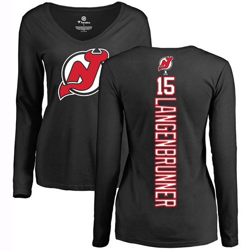 NHL Women's Adidas New Jersey Devils #15 Jamie Langenbrunner Black Backer Long Sleeve T-Shirt