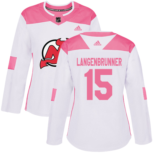Women's Adidas New Jersey Devils #15 Jamie Langenbrunner Authentic White/Pink Fashion NHL Jersey