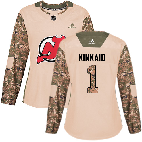 Women's Adidas New Jersey Devils #1 Keith Kinkaid Authentic Camo Veterans Day Practice NHL Jersey