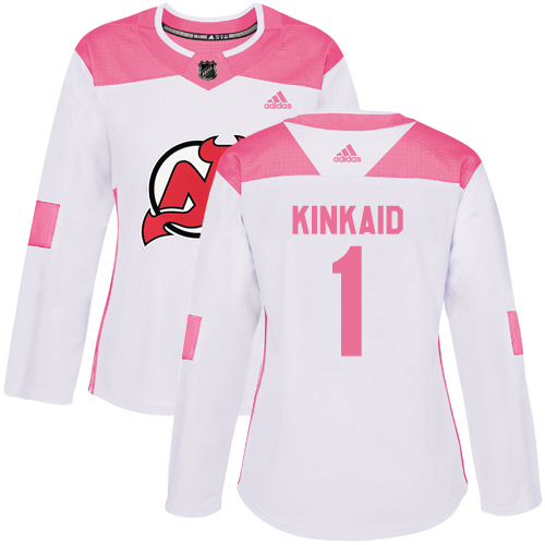 Women's Adidas New Jersey Devils #1 Keith Kinkaid Authentic White/Pink Fashion NHL Jersey