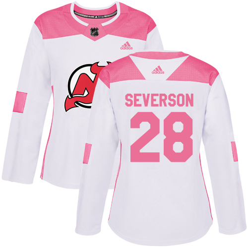 Women's Adidas New Jersey Devils #28 Damon Severson Authentic White/Pink Fashion NHL Jersey