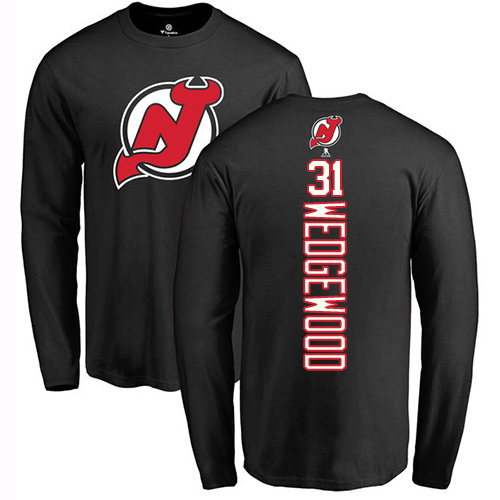 NHL Adidas New Jersey Devils #31 Scott Wedgewood Black Backer Long Sleeve T-Shirt