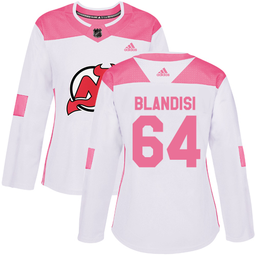Women's Adidas New Jersey Devils #64 Joseph Blandisi Authentic White/Pink Fashion NHL Jersey