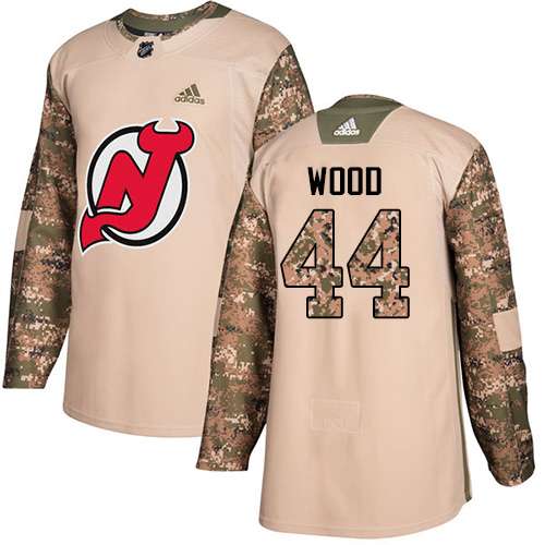 Men's Adidas New Jersey Devils #44 Miles Wood Authentic Camo Veterans Day Practice NHL Jersey