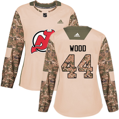 Women's Adidas New Jersey Devils #44 Miles Wood Authentic Camo Veterans Day Practice NHL Jersey