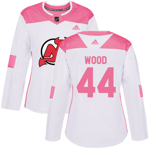 Women's Adidas New Jersey Devils #44 Miles Wood Authentic White/Pink Fashion NHL Jersey