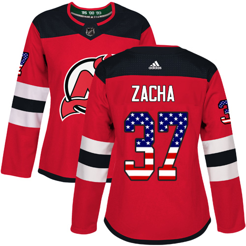 Women's Adidas New Jersey Devils #37 Pavel Zacha Authentic Red USA Flag Fashion NHL Jersey