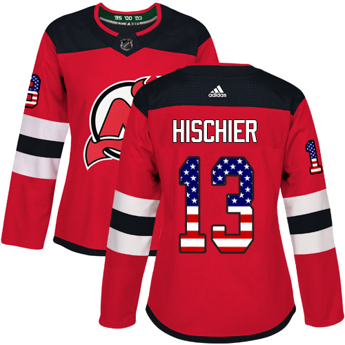 Women's Adidas New Jersey Devils #13 Nico Hischier Authentic Red USA Flag Fashion NHL Jersey