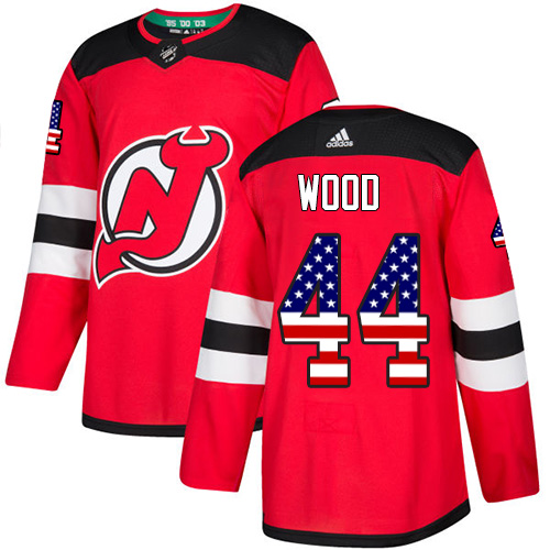 Men's Adidas New Jersey Devils #44 Miles Wood Authentic Red USA Flag Fashion NHL Jersey