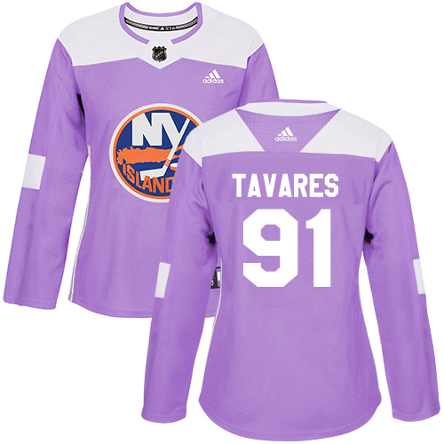 Women's Adidas New York Islanders #91 John Tavares Authentic Purple Fights Cancer Practice NHL Jersey