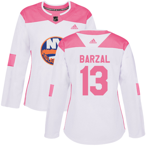 Women's Adidas New York Islanders #13 Mathew Barzal Authentic White/Pink Fashion NHL Jersey