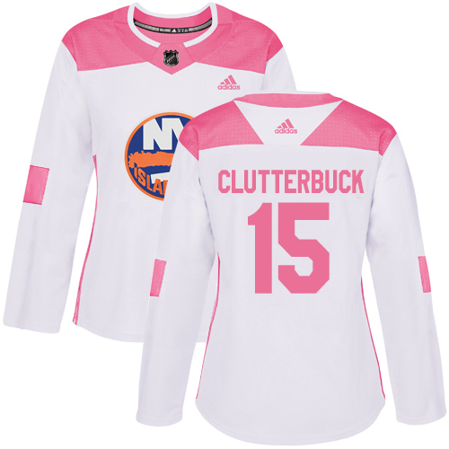 Women's Adidas New York Islanders #15 Cal Clutterbuck Authentic White/Pink Fashion NHL Jersey