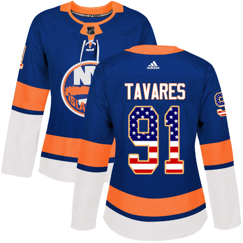 Women's Adidas New York Islanders #91 John Tavares Authentic Royal Blue USA Flag Fashion NHL Jersey