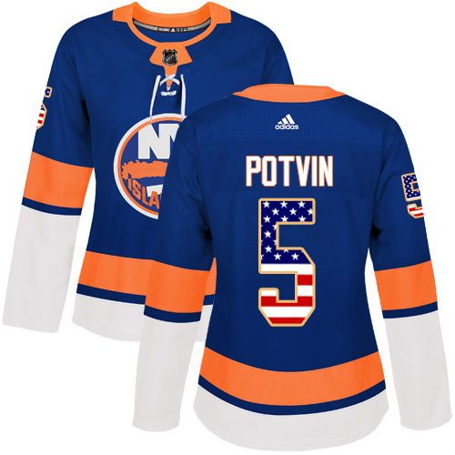 Women's Adidas New York Islanders #5 Denis Potvin Authentic Royal Blue USA Flag Fashion NHL Jersey