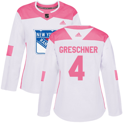 Women's Adidas New York Rangers #4 Ron Greschner Authentic White/Pink Fashion NHL Jersey