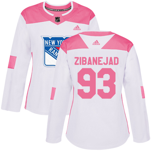 Women's Adidas New York Rangers #93 Mika Zibanejad Authentic White/Pink Fashion NHL Jersey