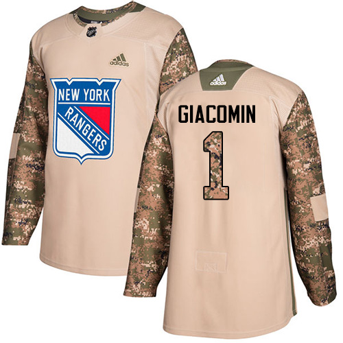 Youth Adidas New York Rangers #1 Eddie Giacomin Authentic Camo Veterans Day Practice NHL Jersey