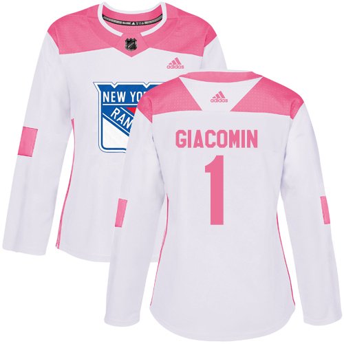 Women's Adidas New York Rangers #1 Eddie Giacomin Authentic White/Pink Fashion NHL Jersey