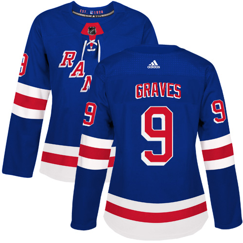 Women's Adidas New York Rangers #9 Adam Graves Authentic Royal Blue Home NHL Jersey