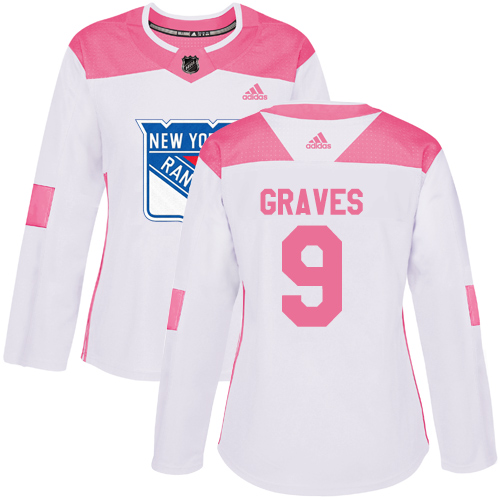 Women's Adidas New York Rangers #9 Adam Graves Authentic White/Pink Fashion NHL Jersey