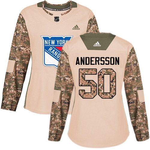 Women's Adidas New York Rangers #50 Lias Andersson Authentic Camo Veterans Day Practice NHL Jersey