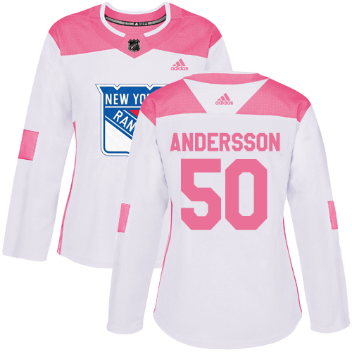 Women's Adidas New York Rangers #50 Lias Andersson Authentic White/Pink Fashion NHL Jersey