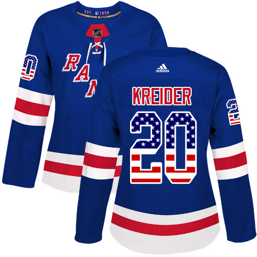 Women's Adidas New York Rangers #20 Chris Kreider Authentic Royal Blue USA Flag Fashion NHL Jersey
