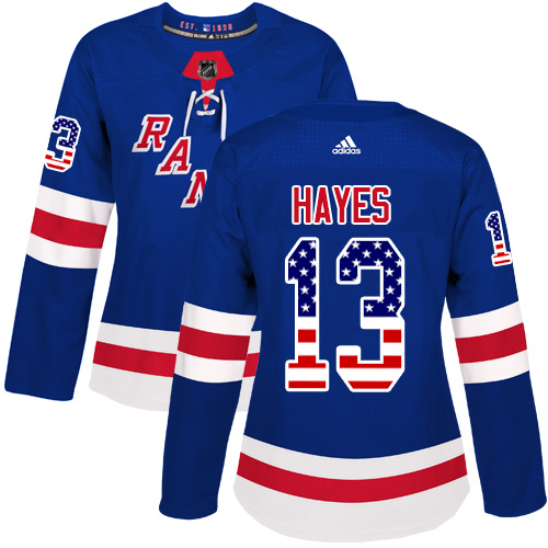 Women's Adidas New York Rangers #13 Kevin Hayes Authentic Royal Blue USA Flag Fashion NHL Jersey