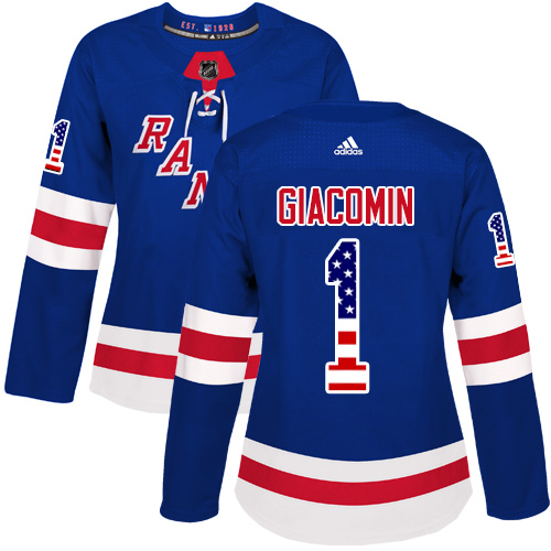 Women's Adidas New York Rangers #1 Eddie Giacomin Authentic Royal Blue USA Flag Fashion NHL Jersey