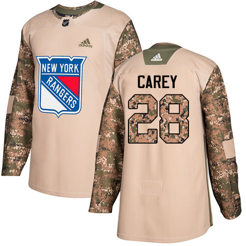 Youth Adidas New York Rangers #28 Paul Carey Authentic Camo Veterans Day Practice NHL Jersey