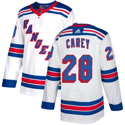 Women's Adidas New York Rangers #28 Paul Carey Authentic White Away NHL Jersey