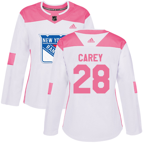 Women's Adidas New York Rangers #28 Paul Carey Authentic White/Pink Fashion NHL Jersey