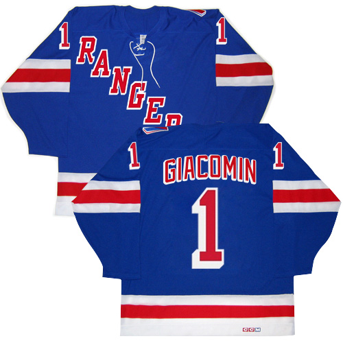 Men's CCM New York Rangers #1 Eddie Giacomin Authentic Royal Blue New Throwback NHL Jersey