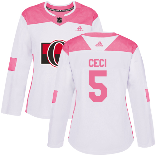 Women's Adidas Ottawa Senators #5 Cody Ceci Authentic White/Pink Fashion NHL Jersey