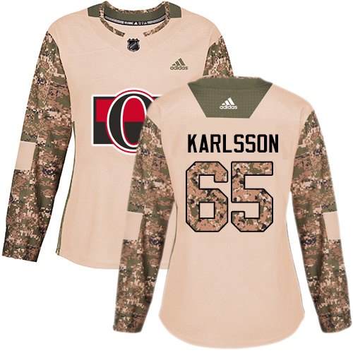Women's Adidas Ottawa Senators #65 Erik Karlsson Authentic Camo Veterans Day Practice NHL Jersey