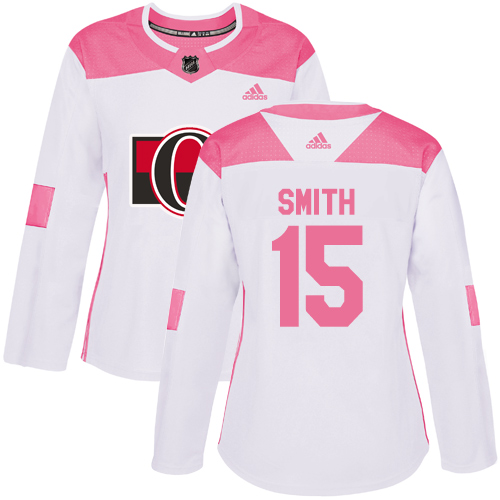 Women's Adidas Ottawa Senators #15 Zack Smith Authentic White/Pink Fashion NHL Jersey
