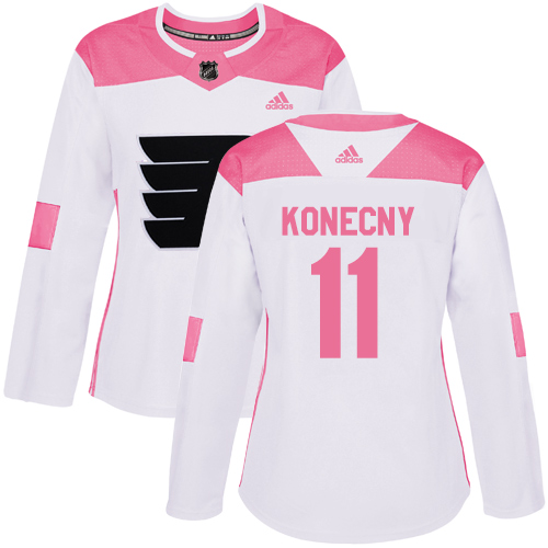 Women's Adidas Philadelphia Flyers #11 Travis Konecny Authentic White/Pink Fashion NHL Jersey