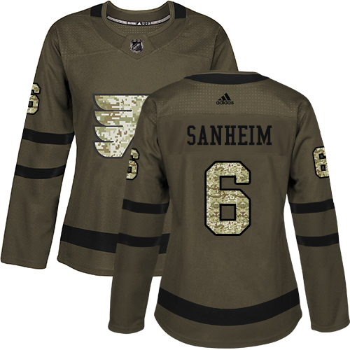 Women's Adidas Philadelphia Flyers #6 Travis Sanheim Authentic Green Salute to Service NHL Jersey