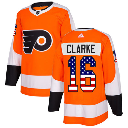 Men's Adidas Philadelphia Flyers #16 Bobby Clarke Authentic Orange USA Flag Fashion NHL Jersey